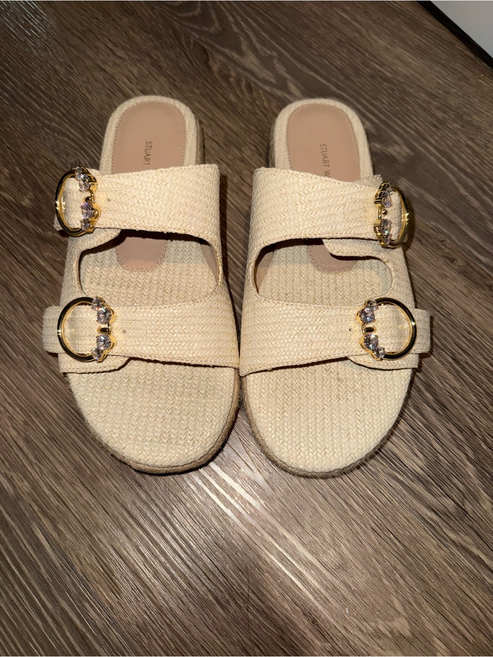 Stuart Weitzman Cream Woven Double-Buckle Slide Sandals with Gold Accents